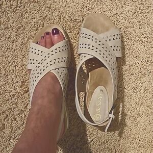 Bella Vita bone colored cross strap wedge sandals